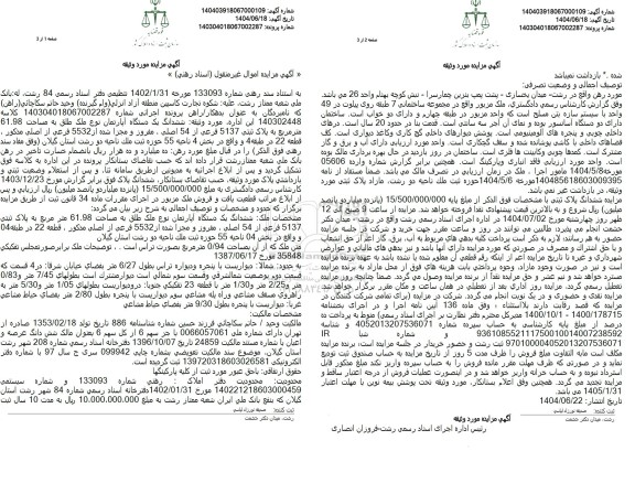 مزایده فروش یک دستگاه آپارتمان به مساحت 61.98 مترمربع