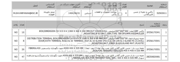 استعلام باکس و جعبه از جنس فایبرگلاس