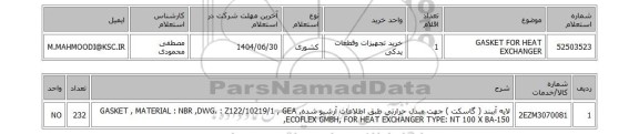 استعلام  GASKET FOR HEAT EXCHANGER