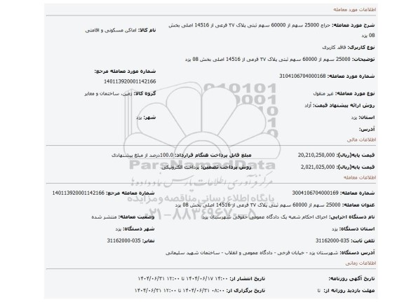 مزایده، 25000 سهم از 60000 سهم ثبتی پلاک ۳۷ فرعی از 14516 اصلی بخش 08 یزد
