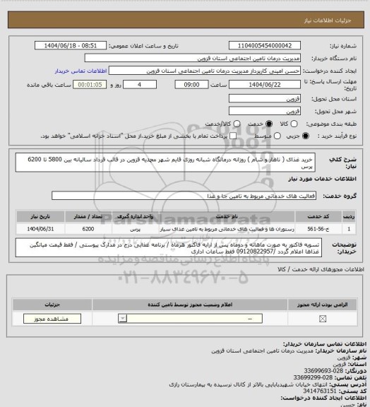 استعلام خرید غذای ( ناهار و شام ) روزانه درمانگاه شبانه روزی قایم شهر محمدیه قزوین در قالب قرداد سالیانه بین 5800 تا 6200 پرس