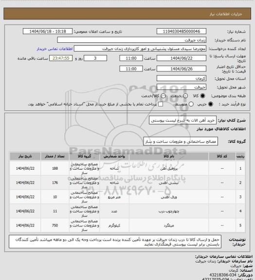 استعلام خرید آهن الات به شرح لیست پیوستی