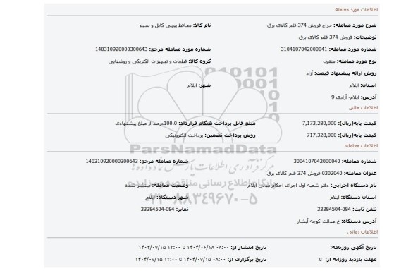 مزایده، فروش 374 قلم کالای برق