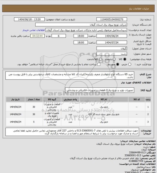 استعلام خرید 65 دستگاه انواع تابلوفشار ضعیف یکپارچه//ایران کد کالا مشابه و مشخصات کالای درخواستی برابر با فایل پیوست می باشد.