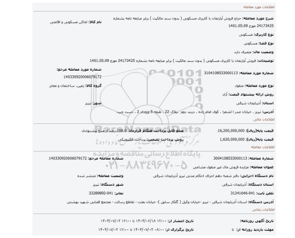 مزایده، فروش آپارتمان با کاربری مسکونی ( بدون سند مالکیت ) برابر مبایعه نامه بشماره 24173425 مورخ 1401.05.09