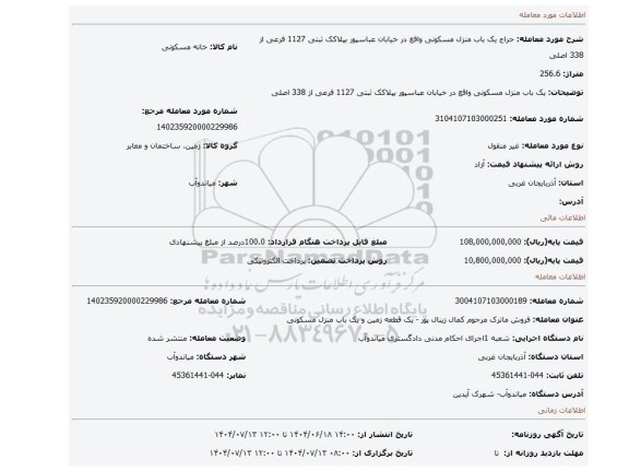 مزایده، یک باب منزل مسکونی واقع در خیابان عباسپور بپلاکک ثبتی 1127 فرعی از 338 اصلی