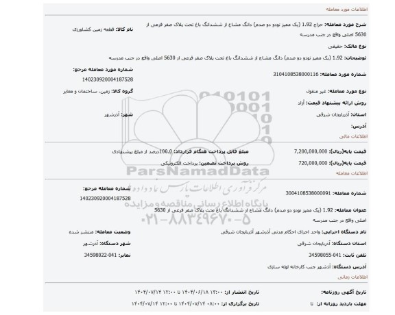 مزایده، 1.92 (یک ممیز نودو دو صدم) دانگ مشاع از ششدانگ باغ تحت پلاک صفر فرعی از 5630 اصلی واقع در جنب مدرسه