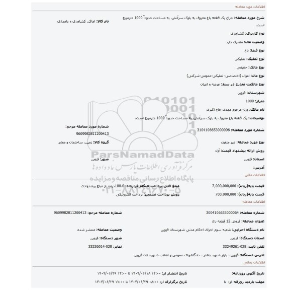 مزایده، یک قطعه باغ معروف به بلوک سرآتش، به مساحت حدوداٌ 1000 مترمربع است.