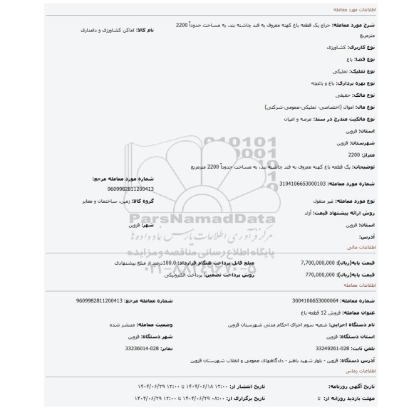 مزایده، یک قطعه باغ کهنه معروف به فند چاشنه بند، به مساحت حدوداٌ 2200 مترمربع