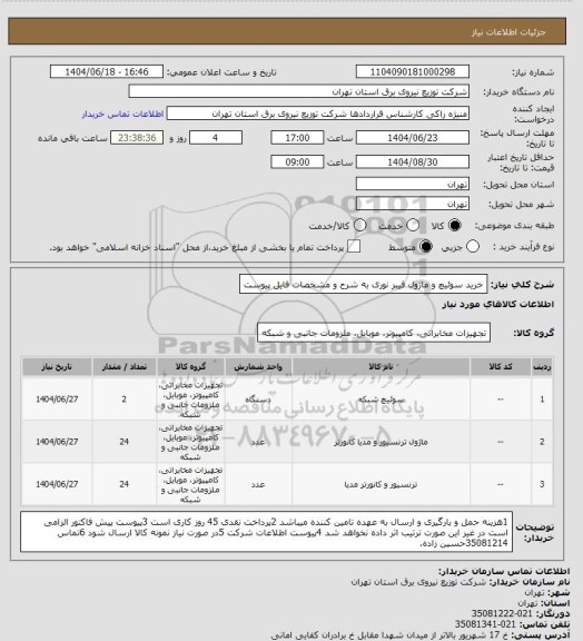 استعلام خرید سوئیچ و ماژول فیبر نوری به شرح و مشخصات فایل پیوست