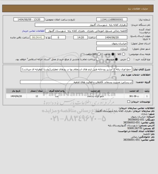 استعلام جمع اوری زباله ی مسیر رودخانه  طبق ایتم های استعلام بها در روزهای تعطیلی(روستا کوهپایه ای میباشد)