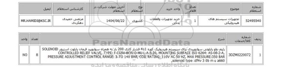 استعلام تجهیزات سیستم های هیدرولیکی