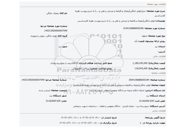 مزایده،  لوازم خانگی(یخچال و قابلمه و صندلی و تلفن و ...) به شرح پیوست نظریه کارشناسی