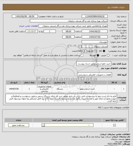 استعلام خرید تابلو استارتر/طبق اسناد پیوست.