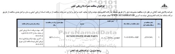مناقصه OCTANE ENGINE SPARE PARTS 