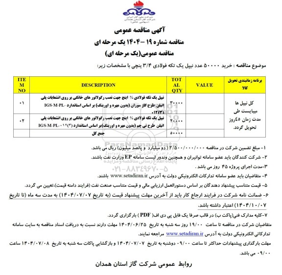 مناقصه خرید 50000 عدد نیپل یک تکه فولادی 3/4 اینچی 