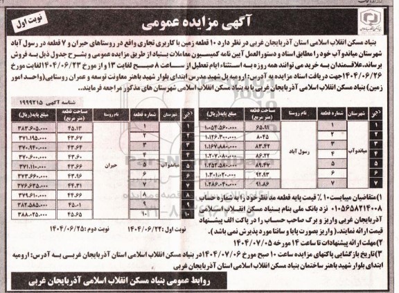 مزایده فروش 10 قطعه زمین تجاری و 7 قطعه 