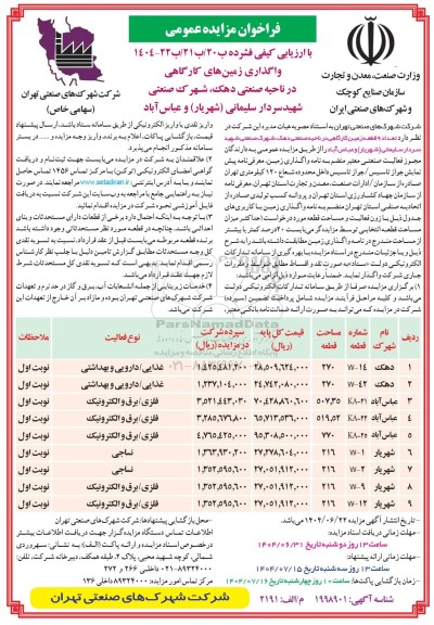 فراخوان مزایده واگذاری زمین های کارگاهی در ناحیه صنعتی ...