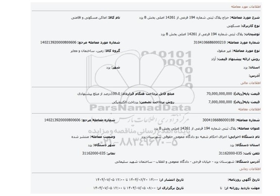 مزایده، پلاک ثبتی شماره 194 فرعی از 14261 اصلی بخش 8 یزد