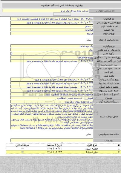مزایده, فروش ۱۰۰ تن سیم مسی اسقاطی
