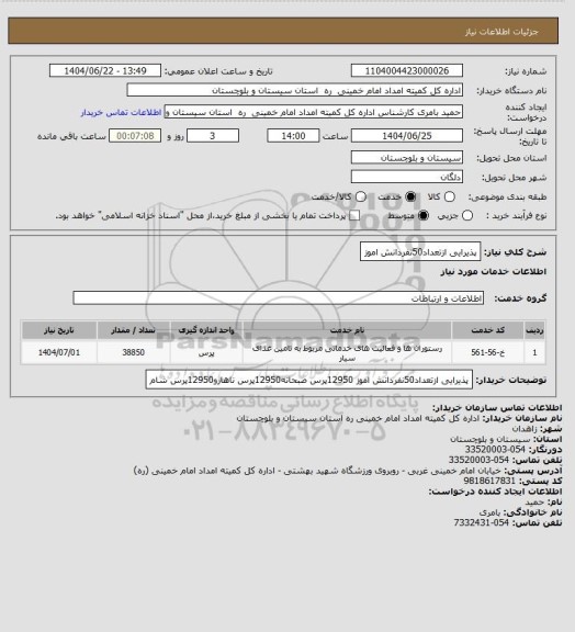 استعلام پذیرایی ازتعداد50نفردانش اموز