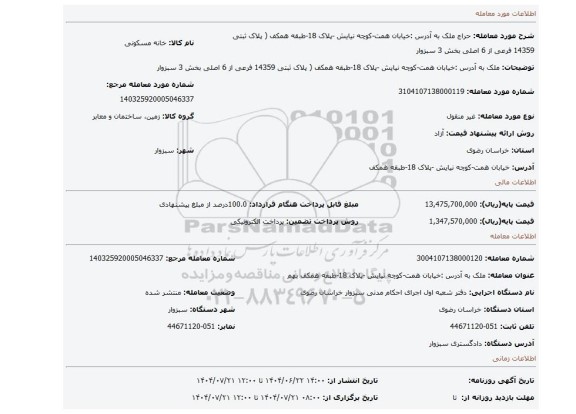مزایده، ملک به  آدرس :خیابان همت-کوچه نیایش -پلاک 18-طبقه همکف ( پلاک ثبتی 14359 فرعی از 6 اصلی بخش 3 سبزوار