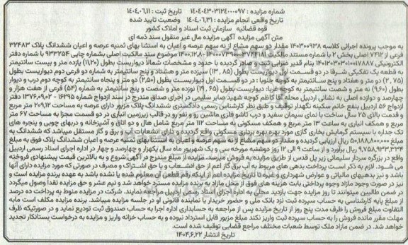 مزایده مقدار دو سهم مشاع از نه سهم عرصه و اعیان پلاک 32483 فرعی