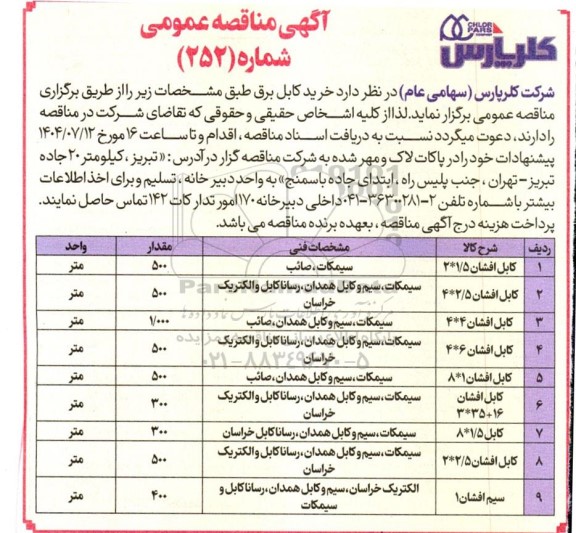 مناقصه کابل افشان 2*1.5...