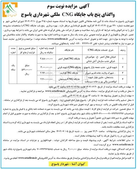 مزایده واگذاری پنج باب جایگاه CNG ملکی - نوبت سوم 