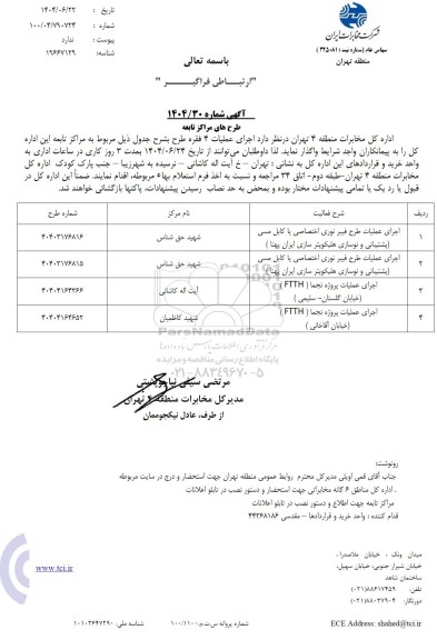 استعلام اجرای عملیات طرح فیبر نوری اختصاصی...
