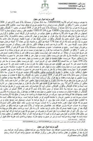 مزایده فروش سه دانگ مشاع از ششدانگ پلاک ثبتی 0 فرعی از 304 اصلی
