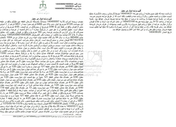 مزایده فروش ششدانگ آپارتمان به مساحت 97.92 متر مربع به پلاک ثبتی 6466 فرعی