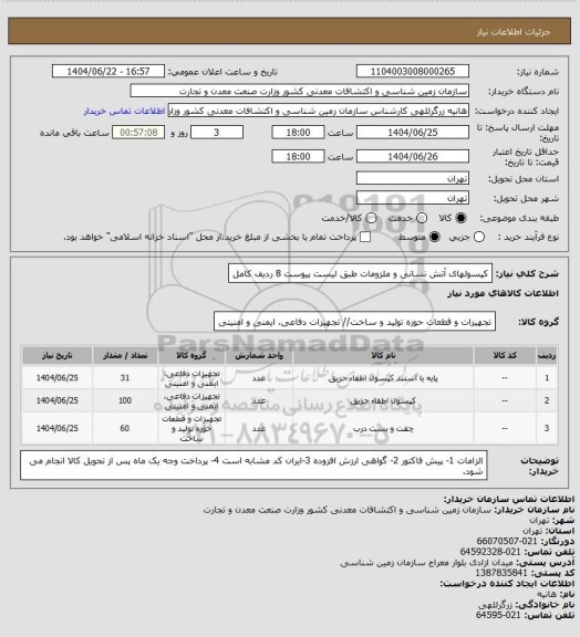 استعلام کپسولهای آتش نسانی و ملزومات طبق لیست پیوست 8 ردیف کامل