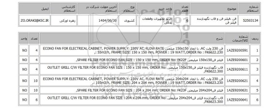 استعلام فن ،فیلتر فن و قاب نگهدارنده  فیلتر فن