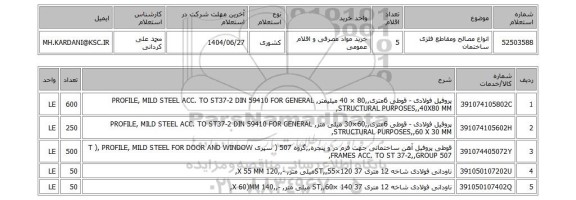 استعلام انواع مصالح ومقاطع فلزی ساختمان
