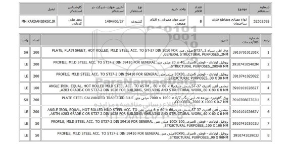 استعلام انواع مصالح ومقاطع فلزی ساختمان