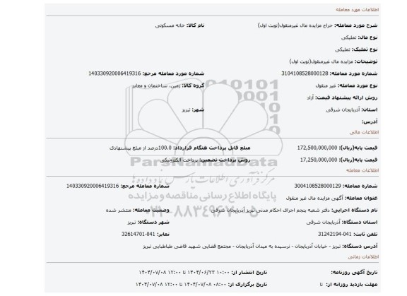 مزایده، مزایده مال غیرمنقول(نوبت اول)