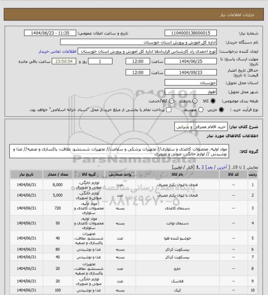 استعلام خرید اقلام مصرفی و پذیرایی