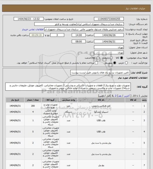 استعلام تامین تجهیزات پسیو رژی های رادیویی طبق لیست پیوست