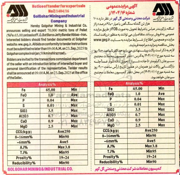 مزایده و مناقصه 70 هزار تن گندله سنگ آهن با عیار 65.00 درصد 