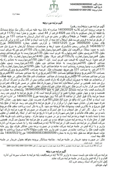 مزایده ششدانگ یک قطعه آپارتمان مسکونی پلاک ثبتی 4928 فرعی