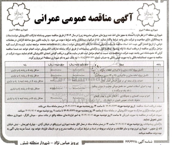 مناقصه تکمیل پروژه آماده سازی و خاکبرداری قطعات نیکنام ...