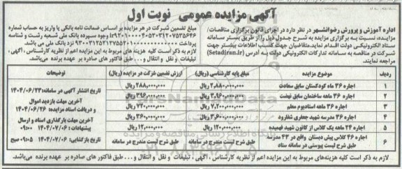 مزایده اجاره 36 ماه کودکستان سابق ....