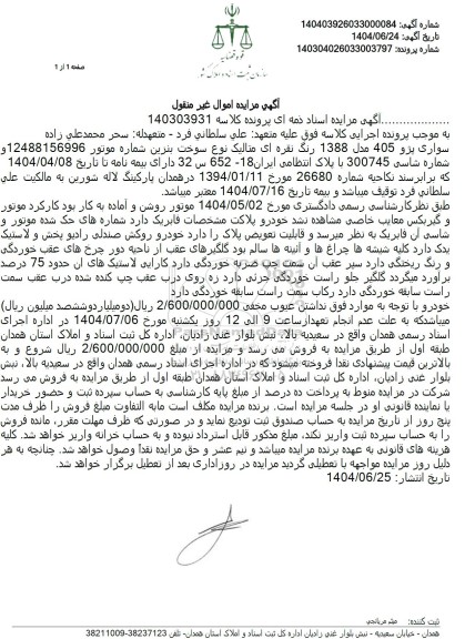 مزایده سواری پژو 405