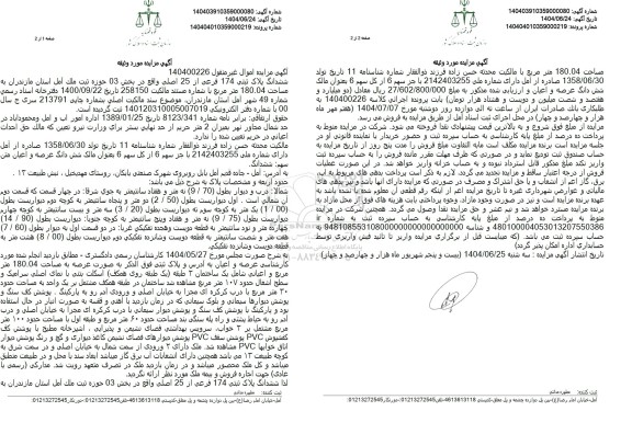 مزایده پلاک ثبتی 174 فرعی از 25 اصلی واقع در بخش 03 به مساحت 180.04 مترمربع