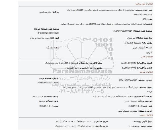 مزایده، فروش 6 دانگ ساختمان مسکونی به شماره پلاک ثبتی 10893فرعی از یک اصلی بخش 14 مراغه