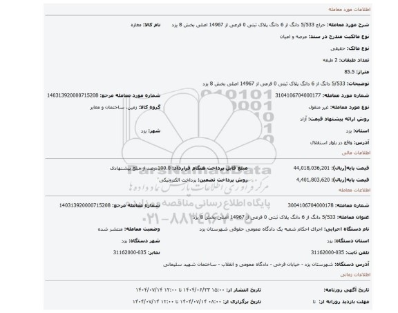 مزایده، 5/533 دانگ از 6 دانگ پلاک ثبتی 0 فرعی از 14967 اصلی بخش 8 یزد
