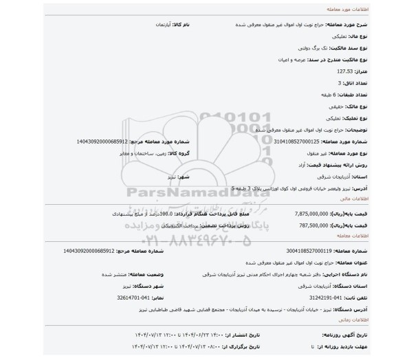 مزایده، حراج نوبت اول اموال غیر منقول معرفی شده