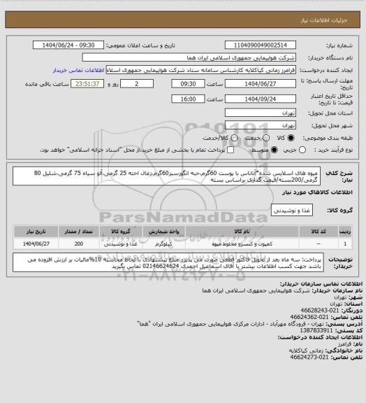 استعلام میوه های اسلایس شده*آناناس با پوست 60گرم،حبه انگورسبز60گرم،زغال اخته 25 گرمی،آلو سیاه 75 گرمی،شلیل 80 گرمی/200بسته/قیمت گذاری براساس بسته