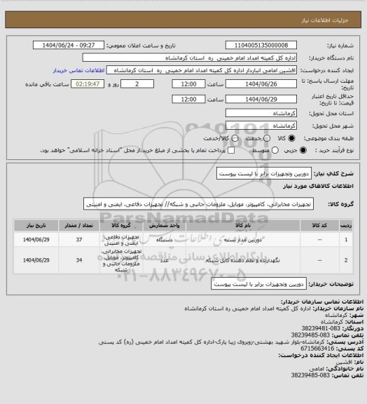 استعلام دوربین وتجهیزات برابر با لیست پیوست